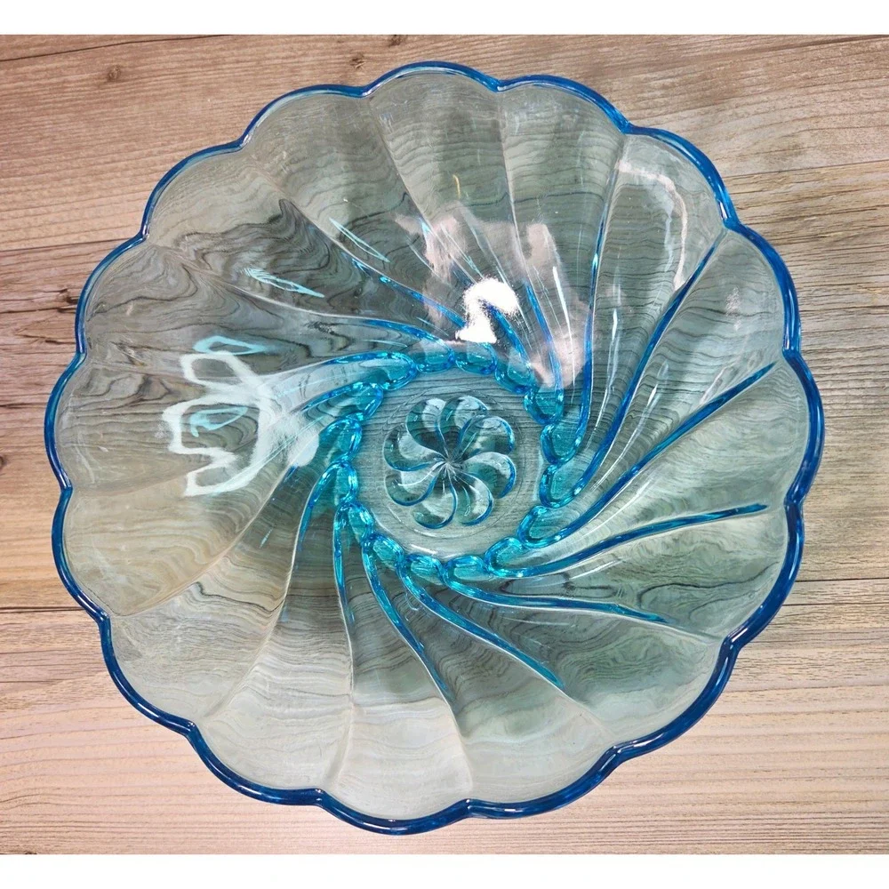 Hazel Atlas Capri Blue Glass Bowl Vintage Mid Century Swirl Scalloped‎ 9